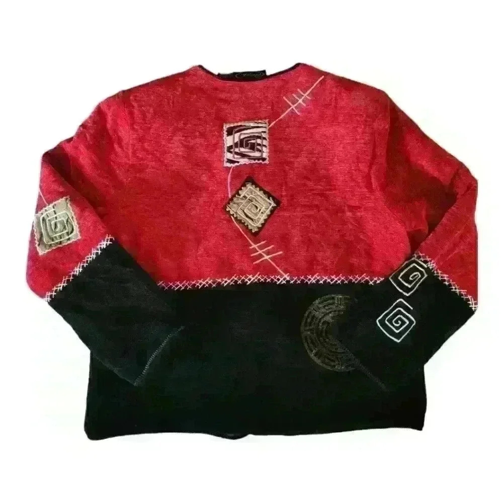 Alex Kim Vintage Rayon Lined Carved Button Colorblock Embroidered Patch Jacket. - Picture 5 of 6